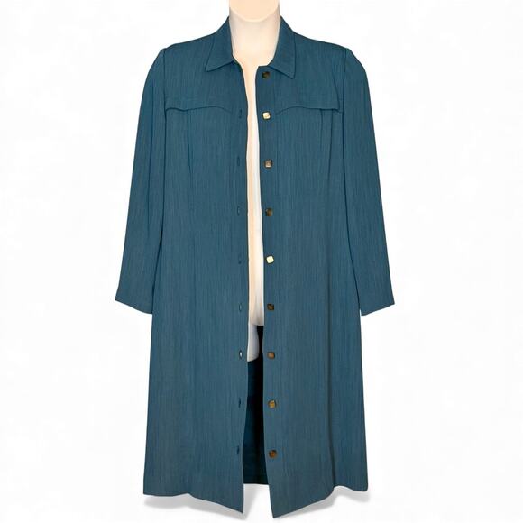 Vintage 80s Henry Lee Button Front Shirtdress Size 14 Teal Career Lined Midi USA - Picture 2 of 8